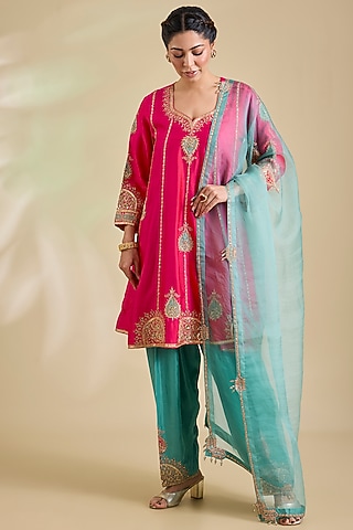 Strawberry Red Spun Silk Marori Embroidered Kurta Set by SURBHI SHAH