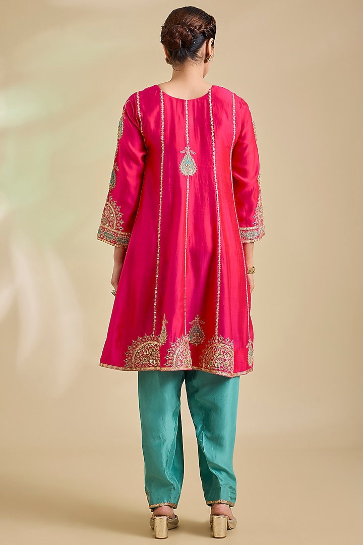 Strawberry Red Spun Silk Marori Embroidered Kurta Set by SURBHI SHAH at Pernia's Pop Up Shop
