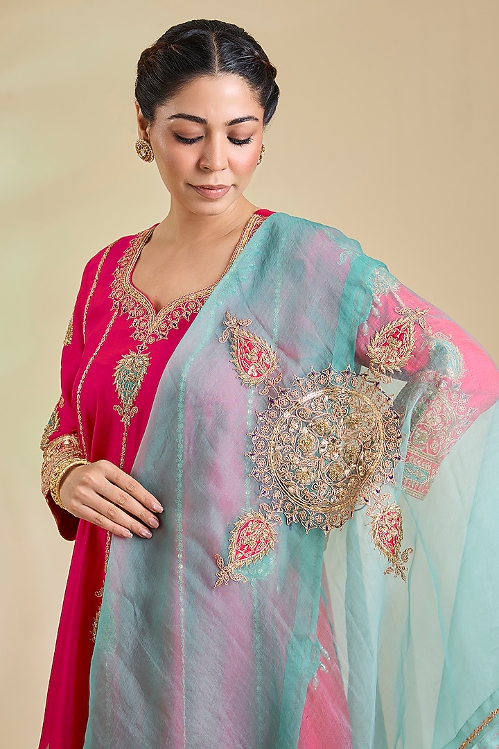 Strawberry Red Spun Silk Marori Embroidered Kurta Set by SURBHI SHAH at Pernia's Pop Up Shop