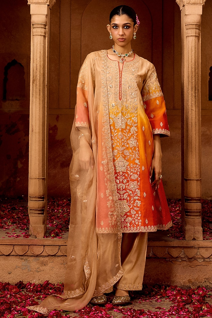 Beige & Orange Ombre Spun Silk Mukesh Work Kurta Set by SURBHI SHAH at Pernia's Pop Up Shop