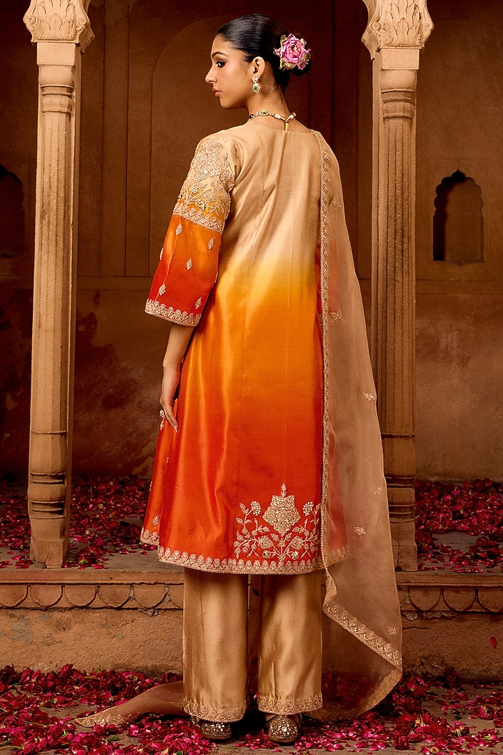 Beige & Orange Ombre Spun Silk Mukesh Work Kurta Set by SURBHI SHAH at Pernia's Pop Up Shop