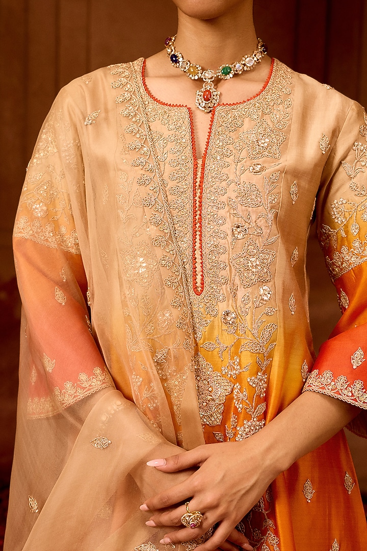 Beige & Orange Ombre Spun Silk Mukesh Work Kurta Set by SURBHI SHAH at Pernia's Pop Up Shop