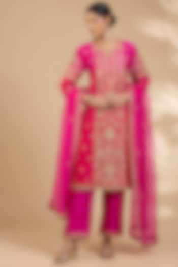 Red & Rani Pink Ombre Spun Silk Marori Work Kurta Set by SURBHI SHAH at Pernia's Pop Up Shop