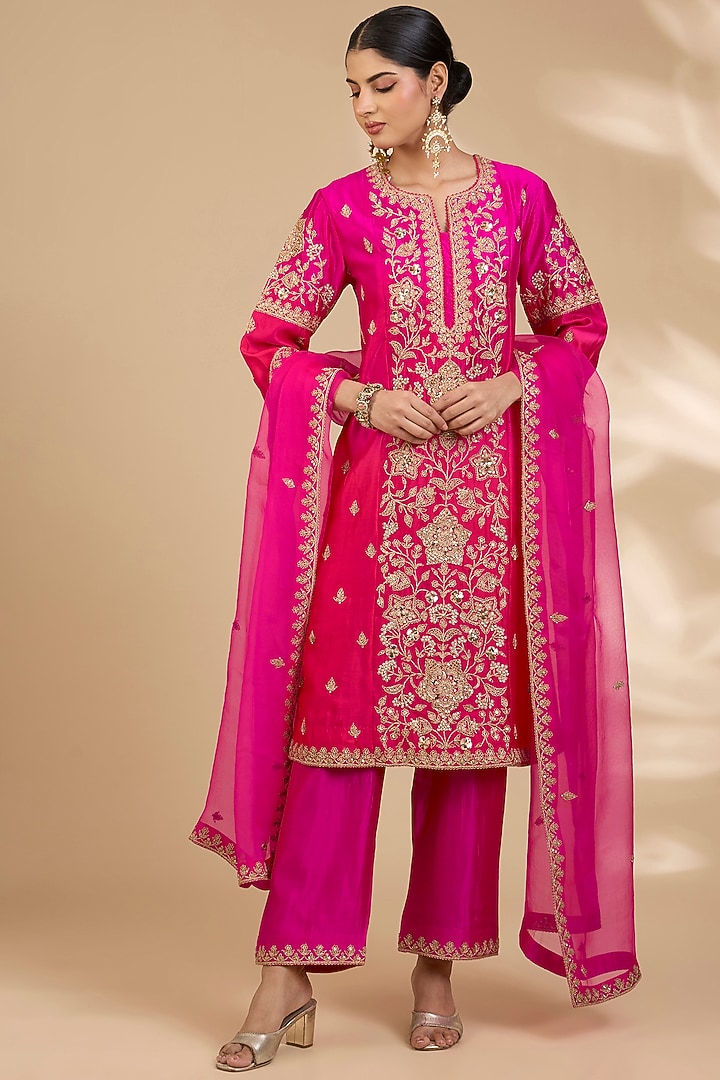 Red & Rani Pink Ombre Spun Silk Marori Work Kurta Set by SURBHI SHAH at Pernia's Pop Up Shop