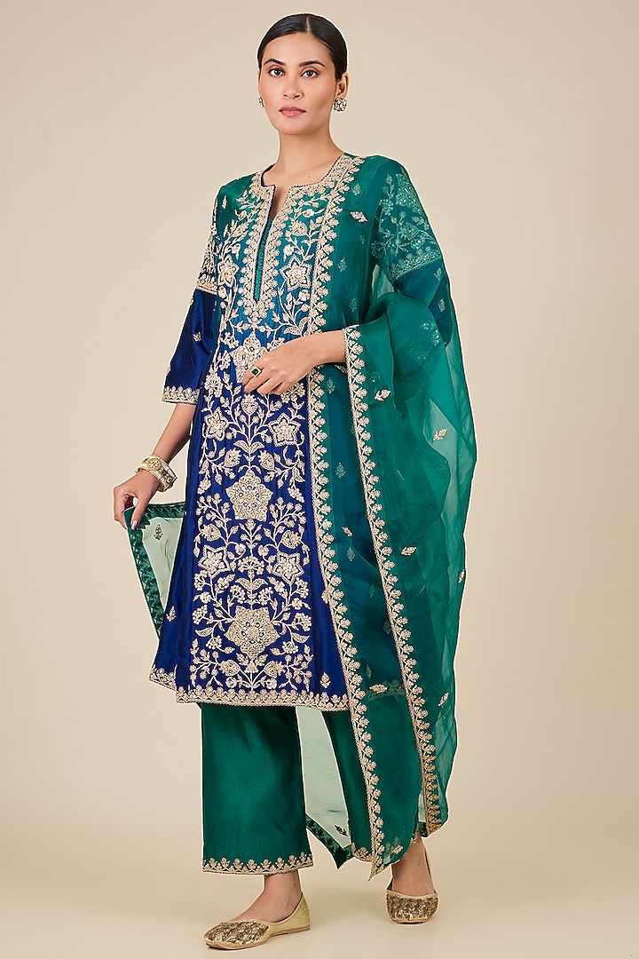 Emerald Green & Blue Ombre Spun Silk Marori Work Princess-Cut Kurta Set by SURBHI SHAH at Pernia's Pop Up Shop