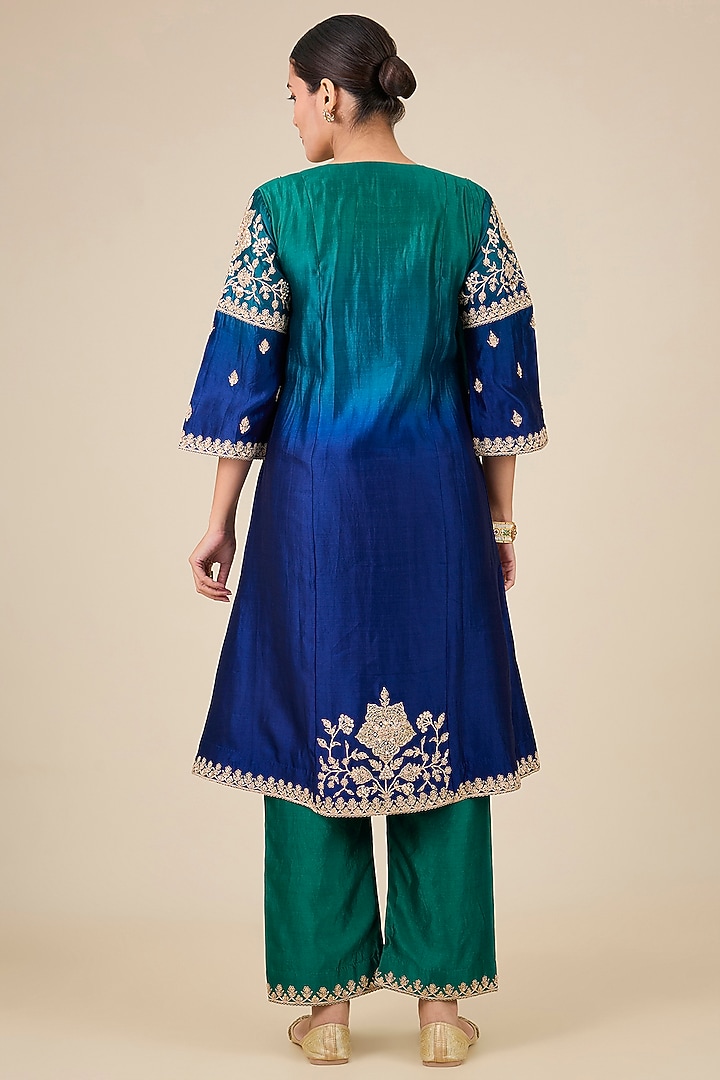 Emerald Green & Blue Ombre Spun Silk Marori Work Princess-Cut Kurta Set by SURBHI SHAH at Pernia's Pop Up Shop