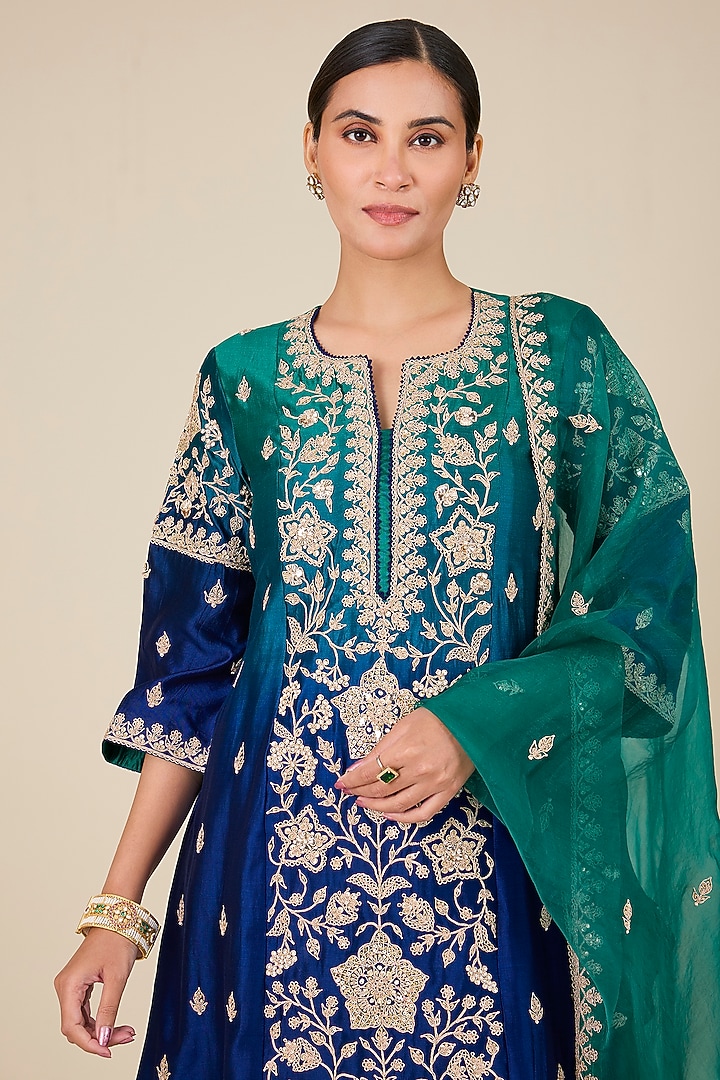 Emerald Green & Blue Ombre Spun Silk Marori Work Princess-Cut Kurta Set by SURBHI SHAH at Pernia's Pop Up Shop