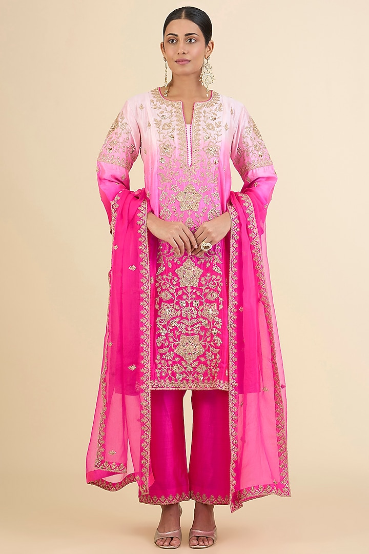 Baby Pink & Hot Pink Ombre Spun Silk Embroidered Princess Cut Kurta Set by Surbhi Shah at Pernia's Pop Up Shop