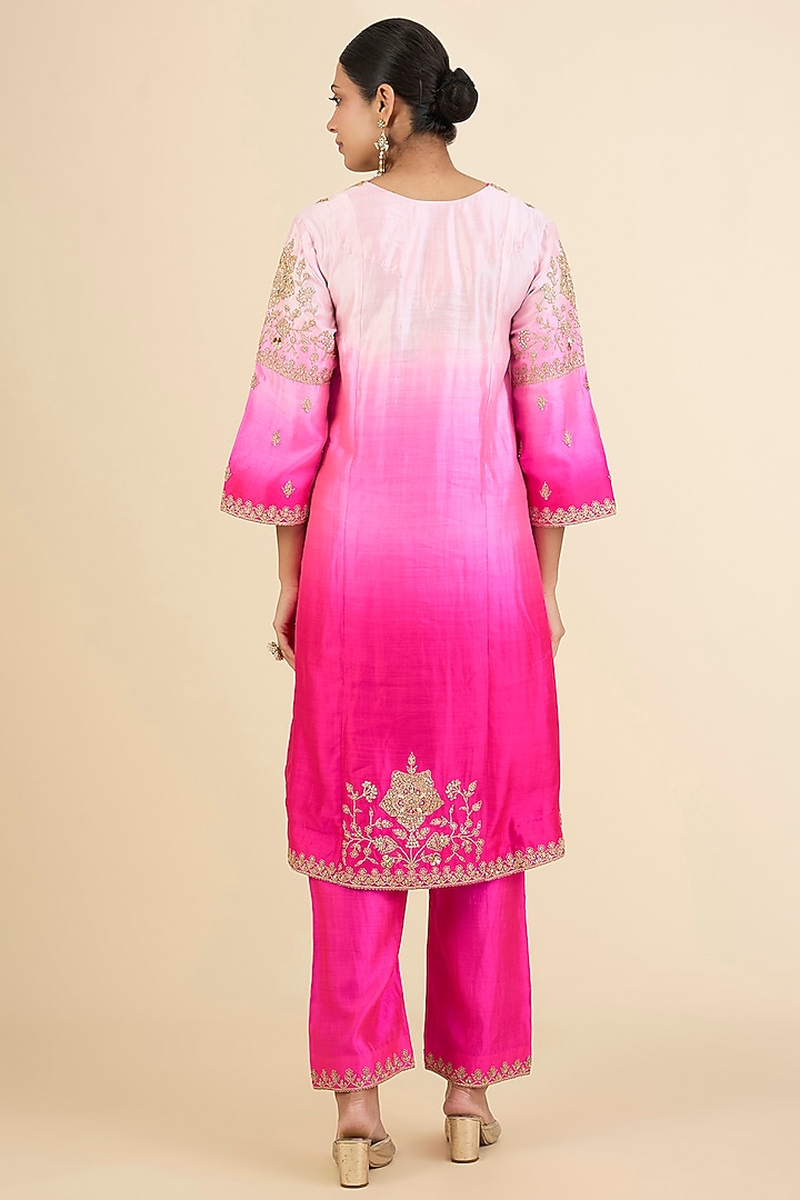Baby Pink & Hot Pink Ombre Spun Silk Embroidered Princess Cut Kurta Set by Surbhi Shah at Pernia's Pop Up Shop