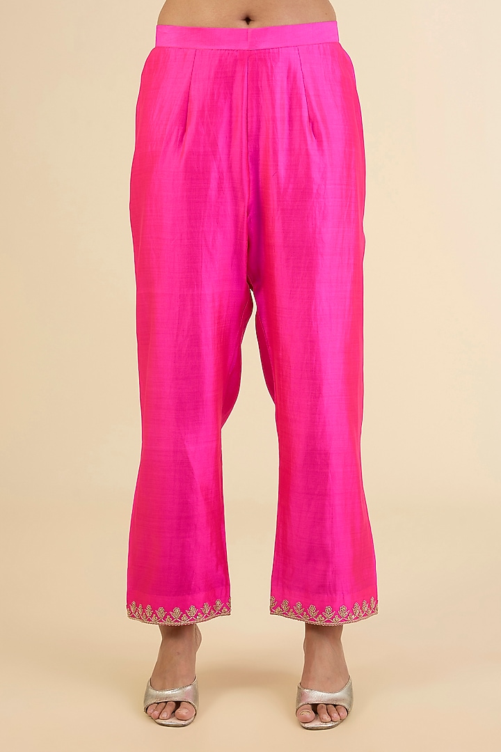 Baby Pink & Hot Pink Ombre Spun Silk Embroidered Princess Cut Kurta Set by Surbhi Shah at Pernia's Pop Up Shop