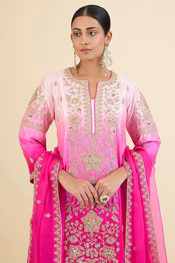 Baby Pink & Hot Pink Ombre Spun Silk Embroidered Princess Cut Kurta Set by Surbhi Shah at Pernia's Pop Up Shop