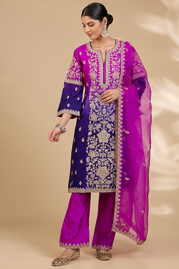 Purple & Magenta Spun Silk Marori Work Kurta Set by SURBHI SHAH at Pernia's Pop Up Shop