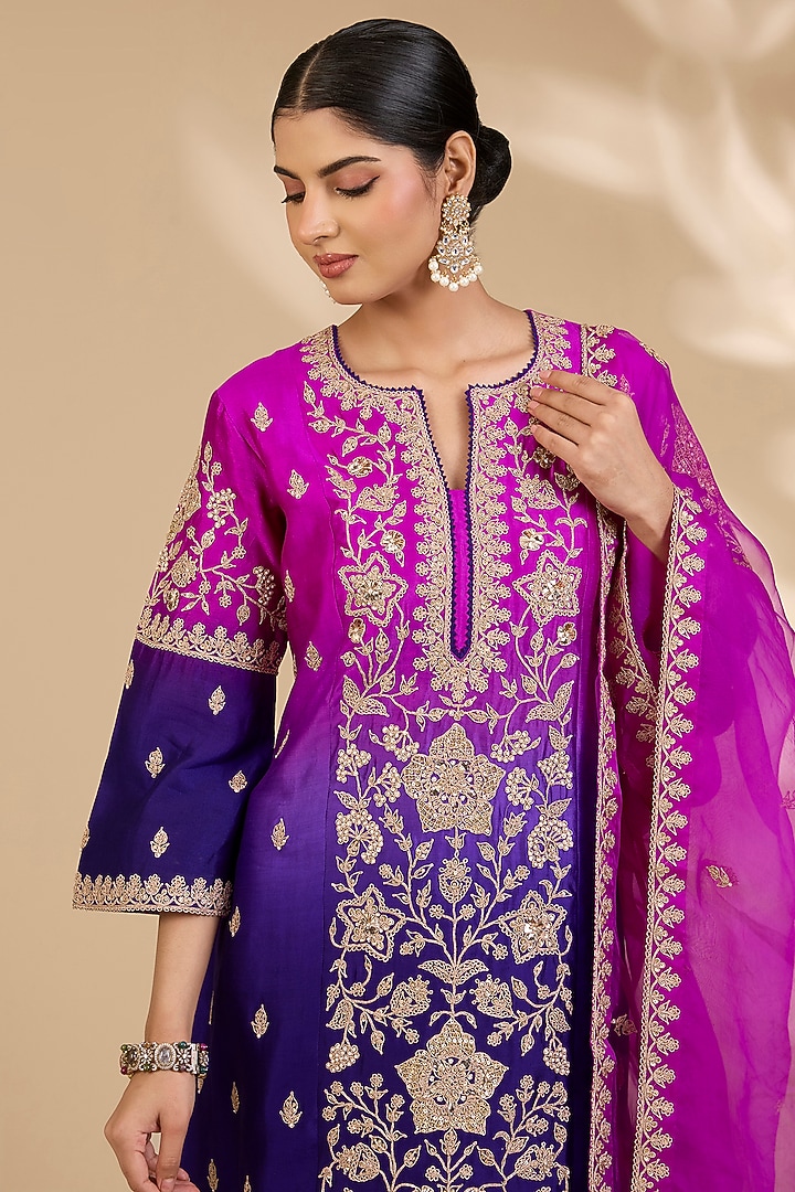 Purple & Magenta Spun Silk Marori Work Kurta Set by SURBHI SHAH at Pernia's Pop Up Shop