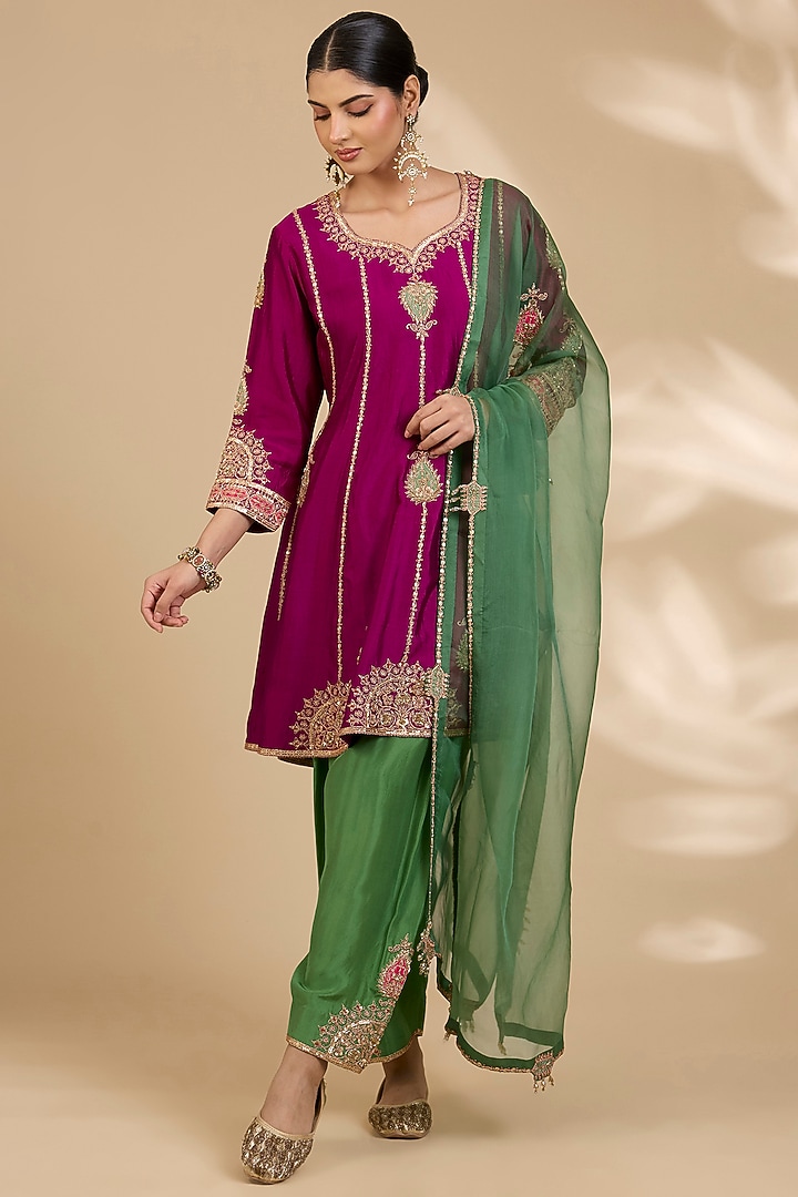 Berry Magenta Spun Silk Patch Work Short Wedding Anarkali Set by SURBHI SHAH at Pernia's Pop Up Shop