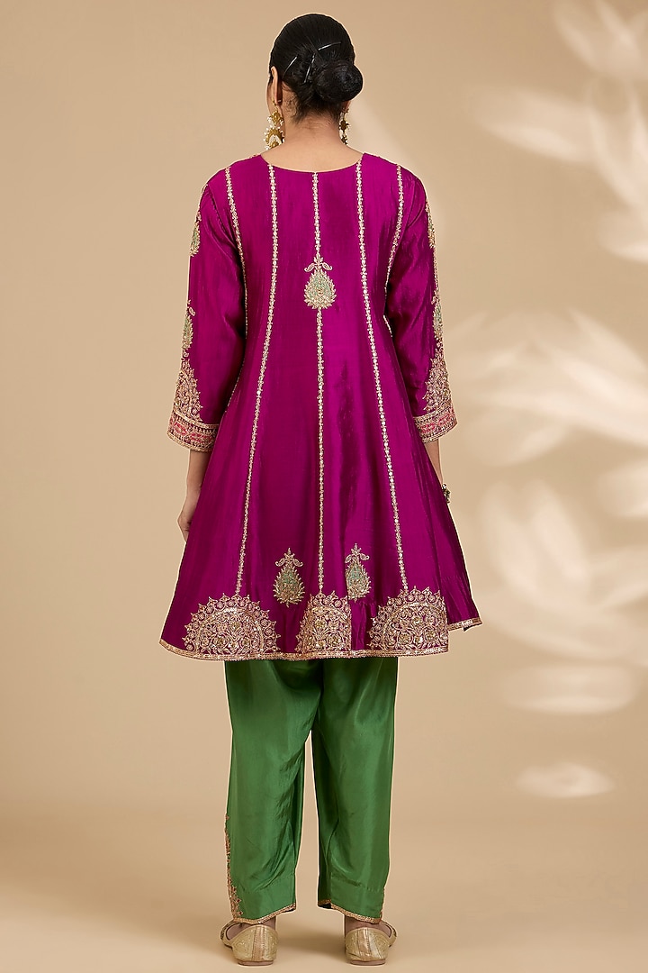 Berry Magenta Spun Silk Patch Work Short Wedding Anarkali Set by SURBHI SHAH at Pernia's Pop Up Shop