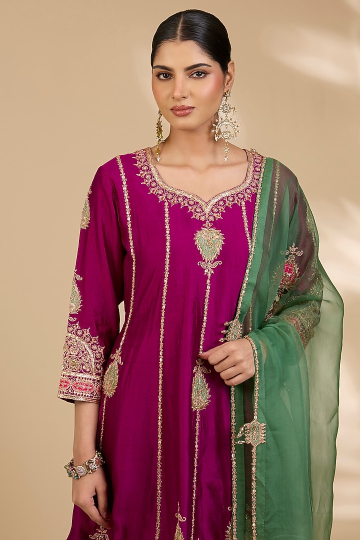 Berry Magenta Spun Silk Patch Work Short Wedding Anarkali Set by SURBHI SHAH at Pernia's Pop Up Shop
