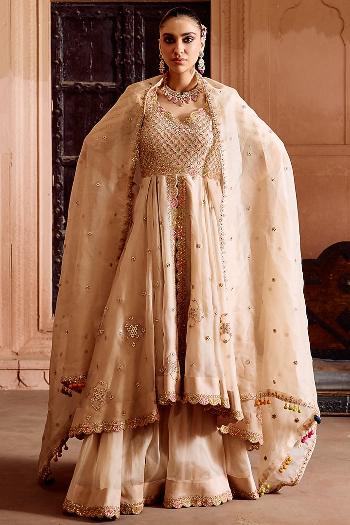 Champagne Organza Gota-Patti Work High-Low Kurta Set by SURBHI SHAH at Pernia's Pop Up Shop