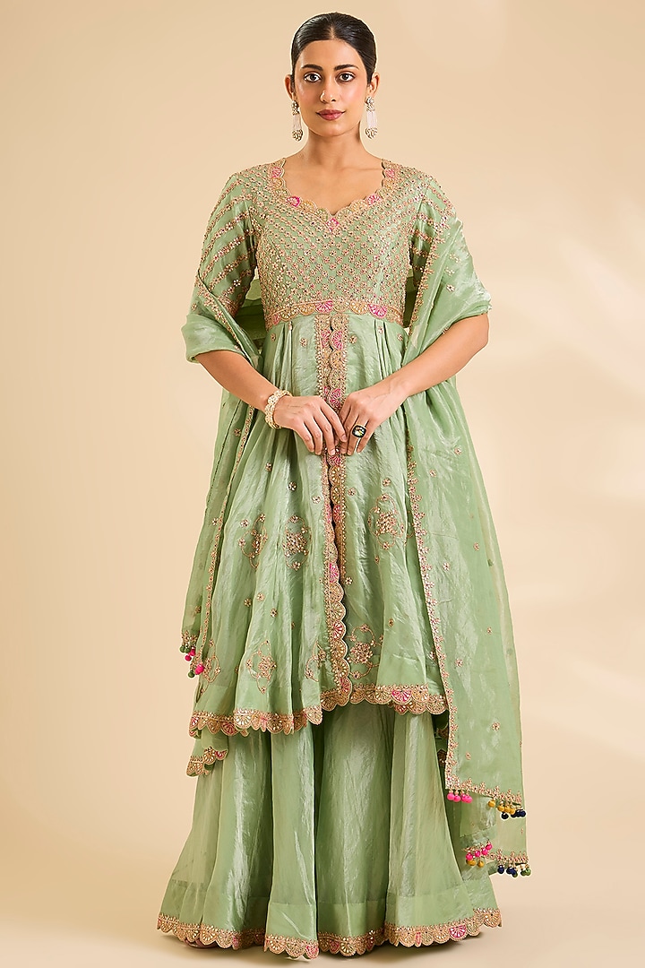 Mint Green Tissue Gota Patti Embroidered High-Low Kurta Set by SURBHI SHAH at Pernia's Pop Up Shop