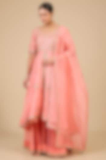 Coral Peach Organza Marori Work High-Low Kurta Set by Surbhi Shah at Pernia's Pop Up Shop