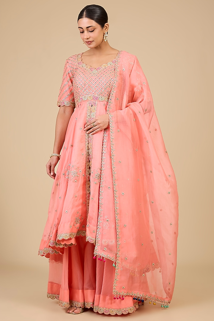 Coral Peach Organza Marori Work High-Low Kurta Set by Surbhi Shah at Pernia's Pop Up Shop