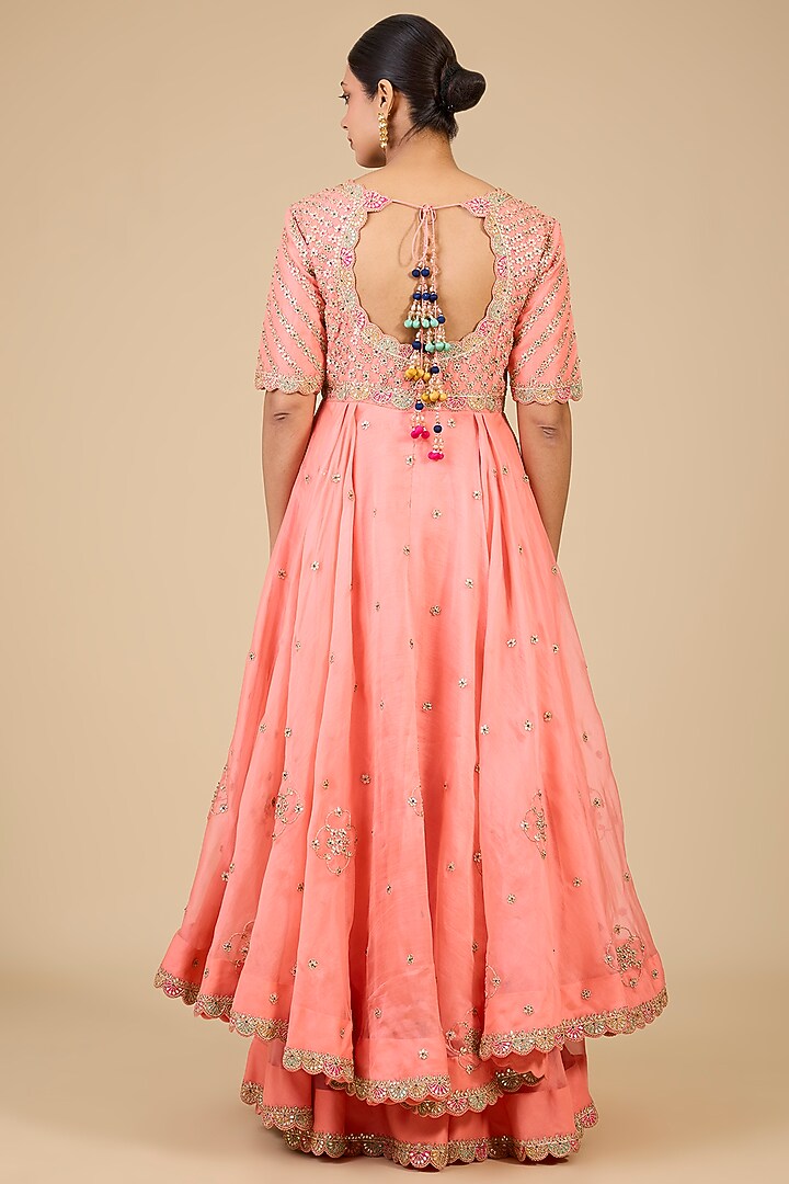 Coral Peach Organza Marori Work High-Low Kurta Set by Surbhi Shah at Pernia's Pop Up Shop