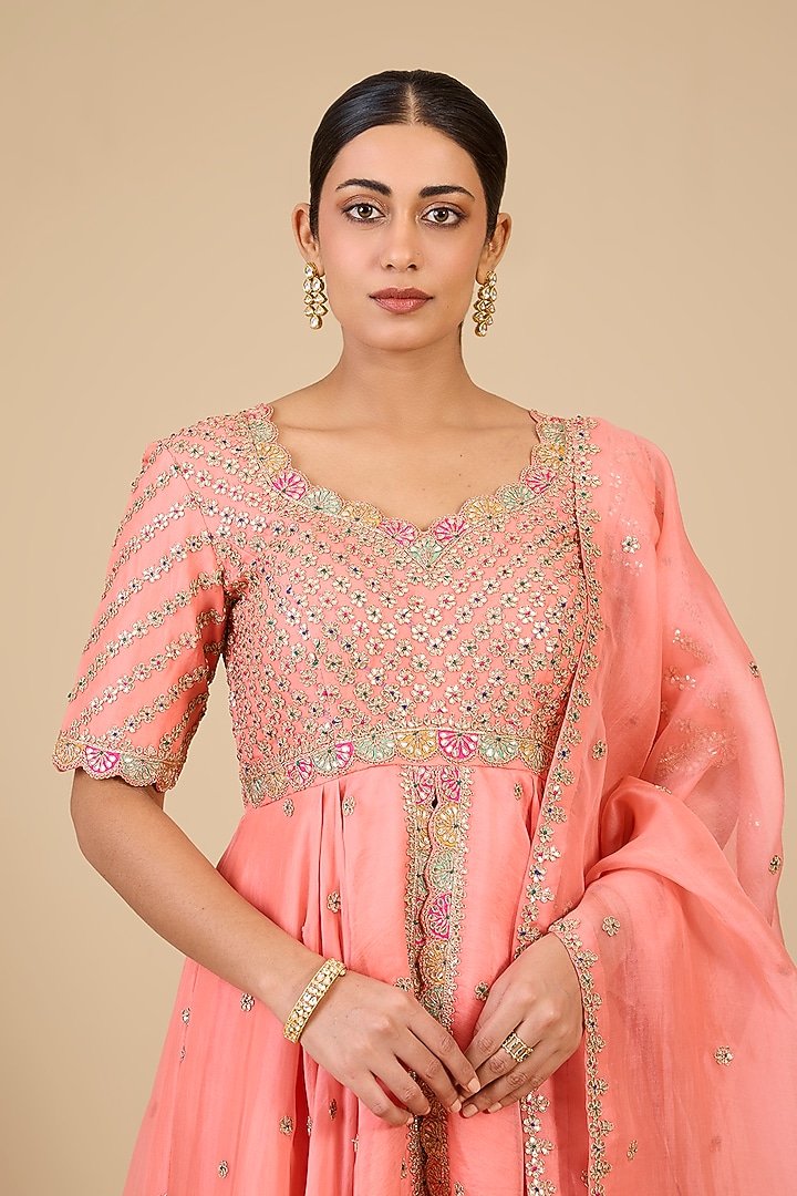 Coral Peach Organza Marori Work High-Low Kurta Set by Surbhi Shah at Pernia's Pop Up Shop
