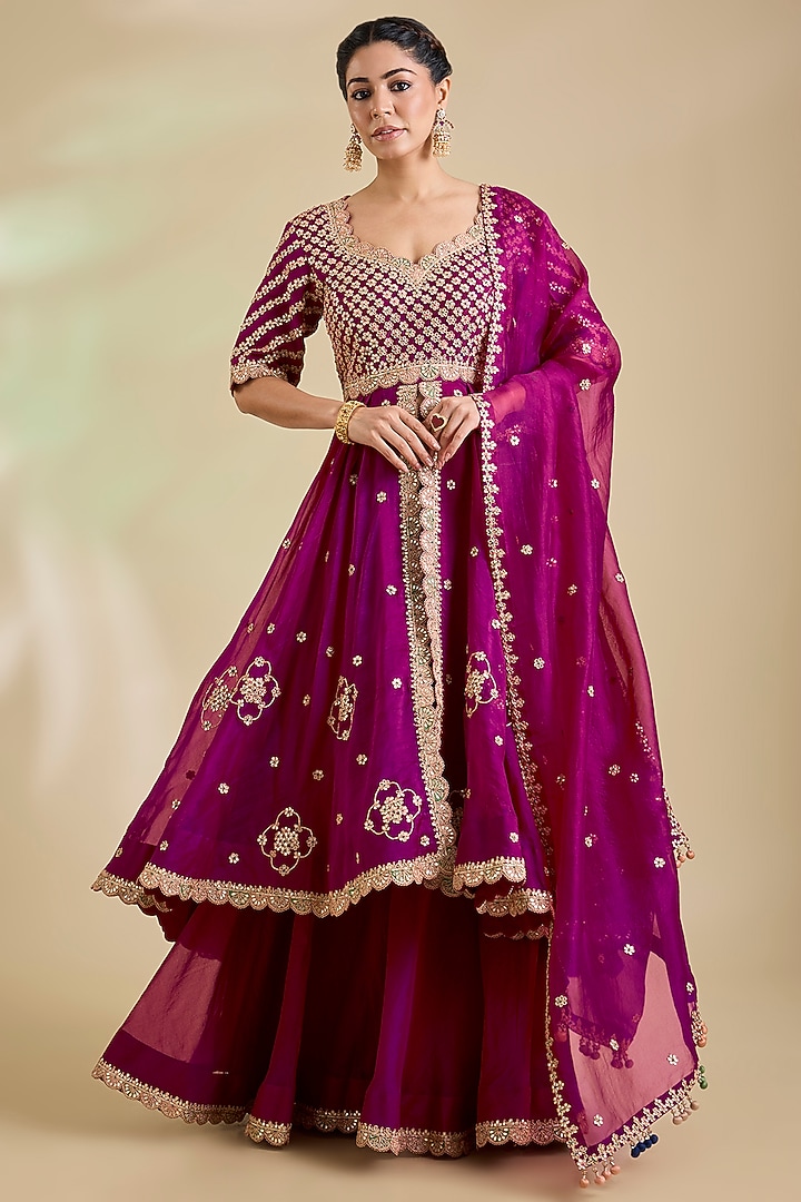 Berry Magenta Organza Gota Patti Embroidered Kurta Set by SURBHI SHAH at Pernia's Pop Up Shop