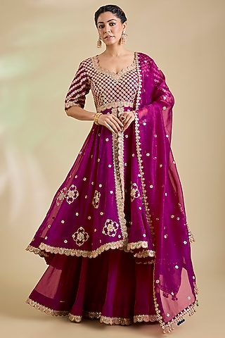 Berry Magenta Organza Gota Patti Embroidered Kurta Set by SURBHI SHAH