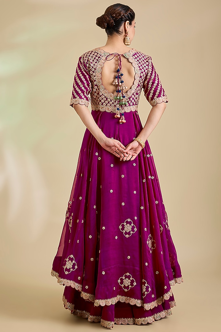 Berry Magenta Organza Gota Patti Embroidered Kurta Set by SURBHI SHAH at Pernia's Pop Up Shop