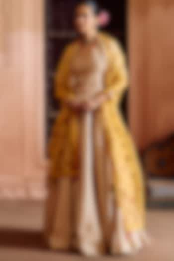 Champagne Spun Silk Gota-Patti Work Jacket Set by SURBHI SHAH at Pernia's Pop Up Shop