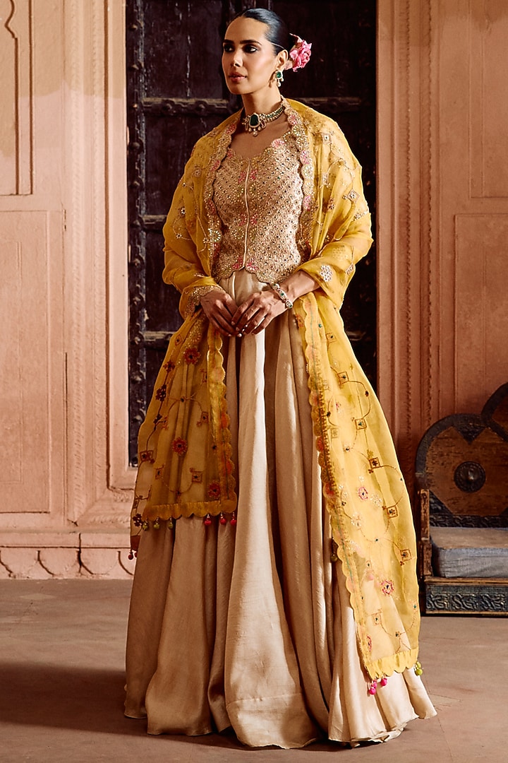 Champagne Spun Silk Gota-Patti Work Jacket Set by SURBHI SHAH at Pernia's Pop Up Shop