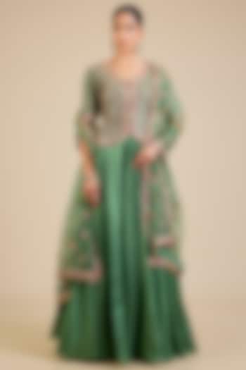 Sage Green Spun Silk Gota Patti Embroidered Jacket Set by Surbhi Shah at Pernia's Pop Up Shop