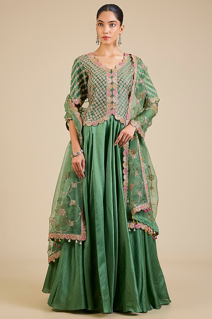 Sage Green Spun Silk Gota Patti Embroidered Jacket Set by Surbhi Shah at Pernia's Pop Up Shop
