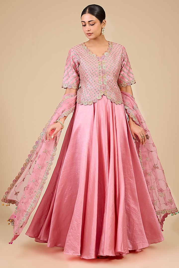Raspberry Pink Spun Silk Skirt Set by Surbhi Shah at Pernia's Pop Up Shop