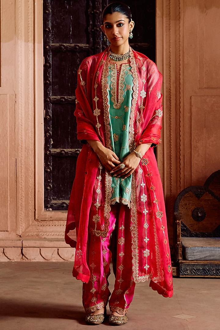 Sea Green Spun Silk Gota-Patti Work Kurta Set by SURBHI SHAH at Pernia's Pop Up Shop