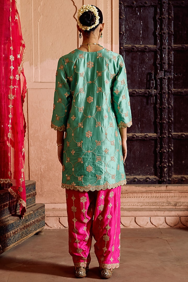 Sea Green Spun Silk Gota-Patti Work Kurta Set by SURBHI SHAH at Pernia's Pop Up Shop