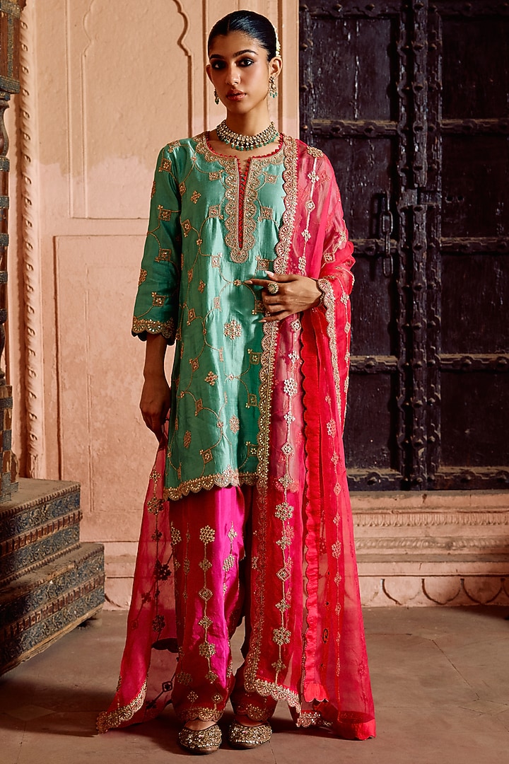 Sea Green Spun Silk Gota-Patti Work Kurta Set by SURBHI SHAH at Pernia's Pop Up Shop