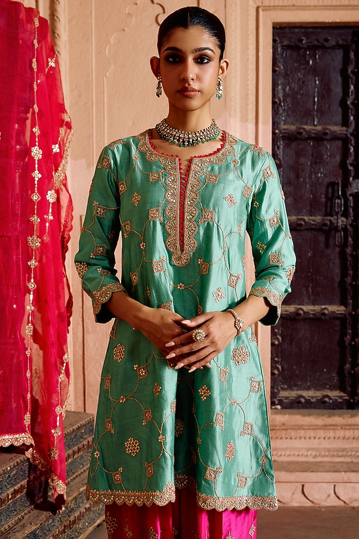 Sea Green Spun Silk Gota-Patti Work Kurta Set by SURBHI SHAH at Pernia's Pop Up Shop