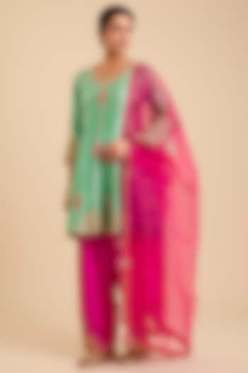 Coral Sea Green Spun Silk Marori & Mukaish Embroidered Short Wedding Anarkali Set by SURBHI SHAH at Pernia's Pop Up Shop