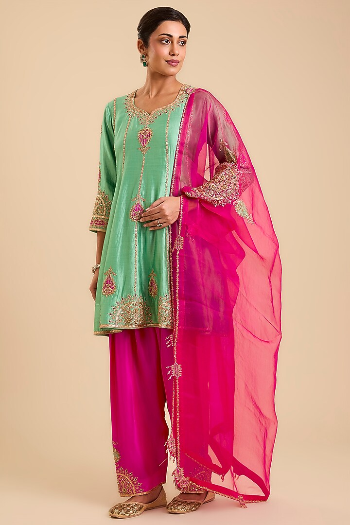 Coral Sea Green Spun Silk Marori & Mukaish Embroidered Short Wedding Anarkali Set by SURBHI SHAH at Pernia's Pop Up Shop