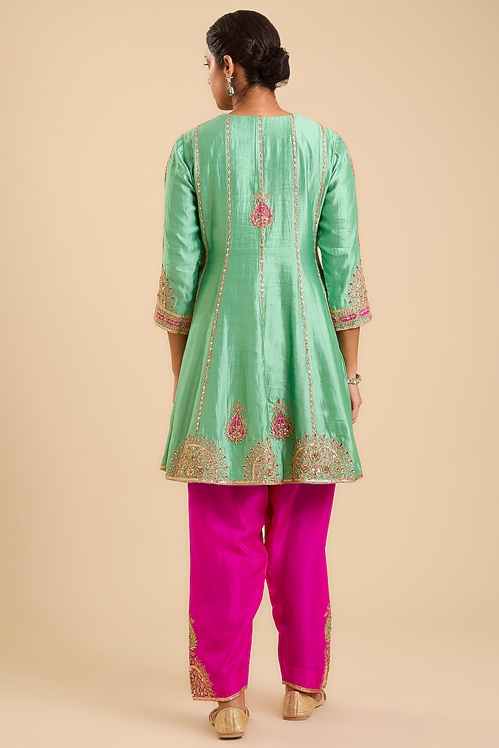 Coral Sea Green Spun Silk Marori & Mukaish Embroidered Short Wedding Anarkali Set by SURBHI SHAH at Pernia's Pop Up Shop