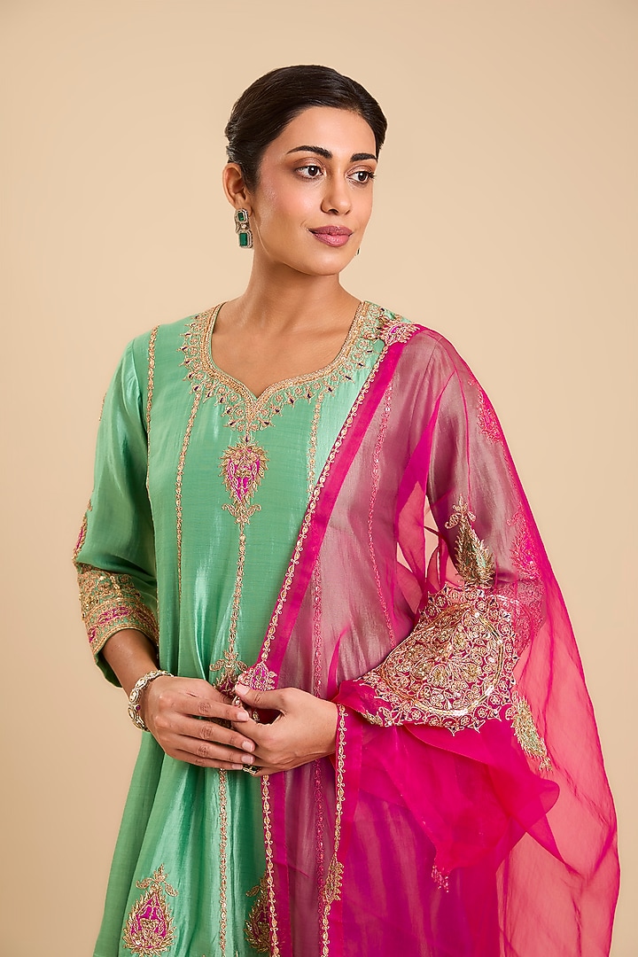 Coral Sea Green Spun Silk Marori & Mukaish Embroidered Short Wedding Anarkali Set by SURBHI SHAH at Pernia's Pop Up Shop
