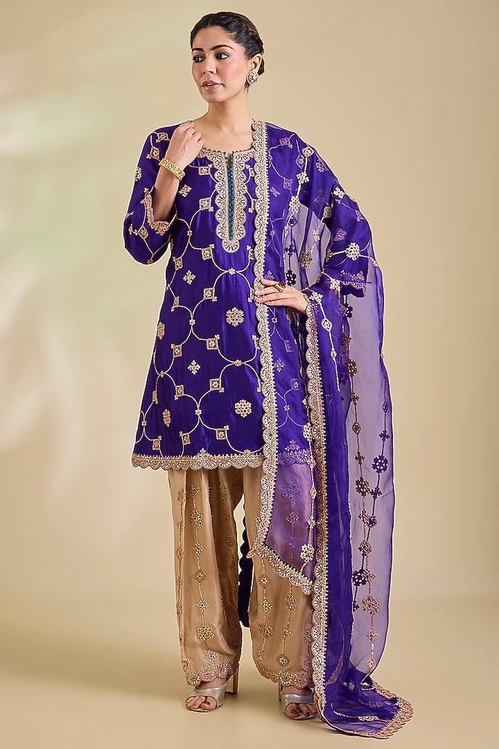 Purple Spun Silk Gota Patti Embroidered Kurta Set by SURBHI SHAH at Pernia's Pop Up Shop