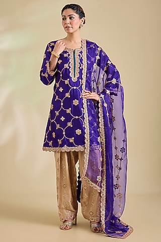 Purple Spun Silk Gota Patti Embroidered Kurta Set by SURBHI SHAH