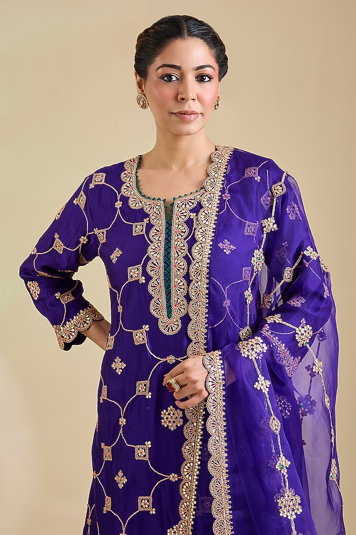 Purple Spun Silk Gota Patti Embroidered Kurta Set by SURBHI SHAH at Pernia's Pop Up Shop