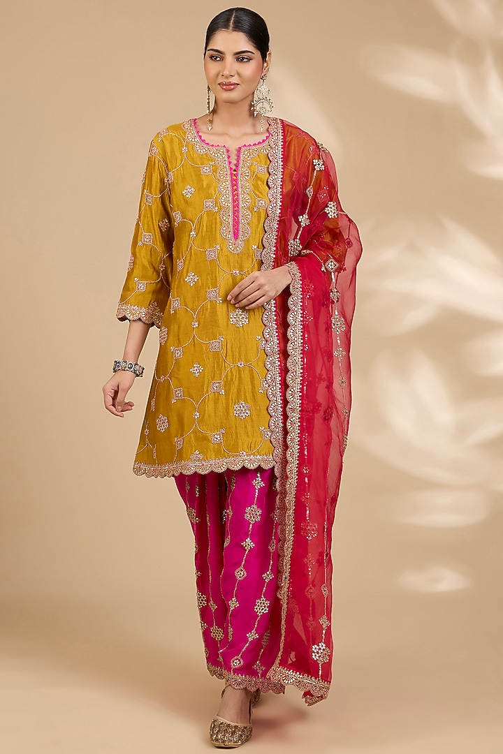 Mustard Yellow Spun Silk Gota Patti Work Kurta Set by SURBHI SHAH at Pernia's Pop Up Shop