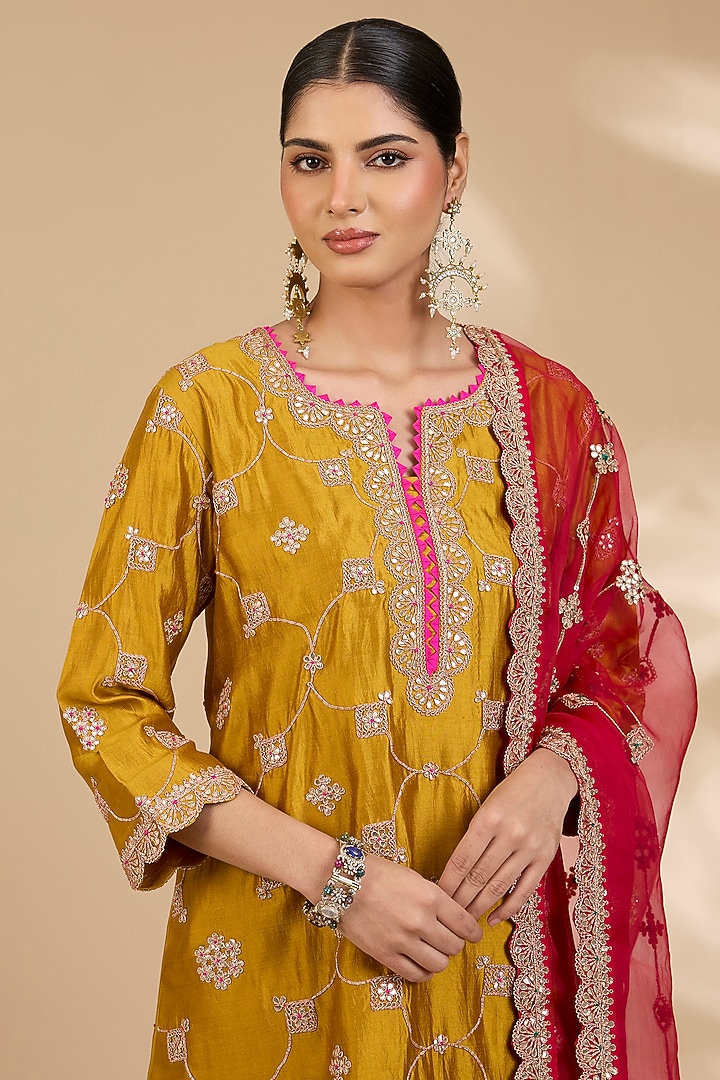 Mustard Yellow Spun Silk Gota Patti Work Kurta Set by SURBHI SHAH at Pernia's Pop Up Shop