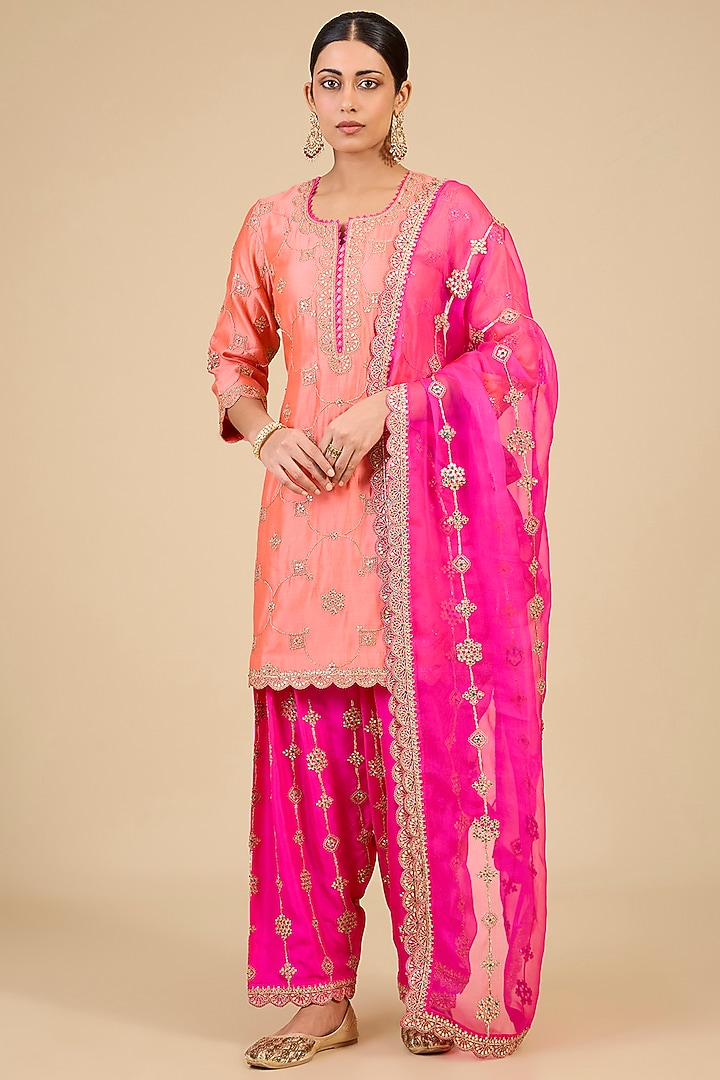 Coral Peach Marori Embroidered Kurta Set by SURBHI SHAH at Pernia's Pop Up Shop