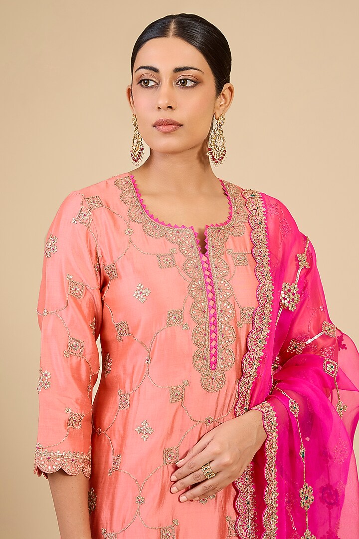 Coral Peach Marori Embroidered Kurta Set by SURBHI SHAH at Pernia's Pop Up Shop