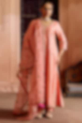 Coral Peach Spun Silk Gota-Patti Work Bridal Anarkali Set by SURBHI SHAH at Pernia's Pop Up Shop